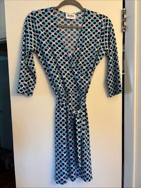 Leota Teal and Navy Polka Dot Wrap Dress